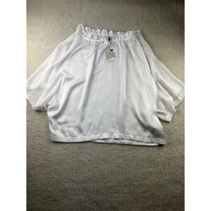 Rowen Avenue Top‎ Womens L Ruffe Neck Bouse Flare Half Sleeve Keyhole Neck White